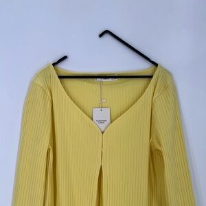 MNG Mango Ribbed Knit Open Front Bottom Slit Cardigan